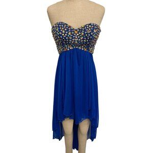 Strapless B. Smart Royal Blue High-Low Dress With Beaded Bodice